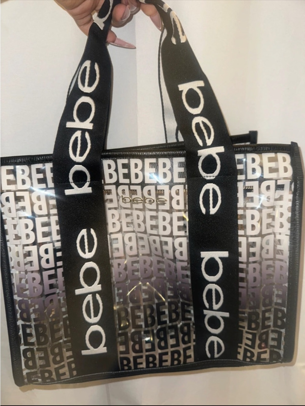 bebe Black and White Logo Clear Tote